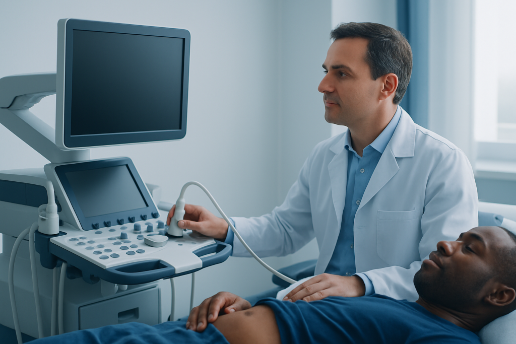 Doctor performing an ultrasound examination on a patient in a hospital setting.