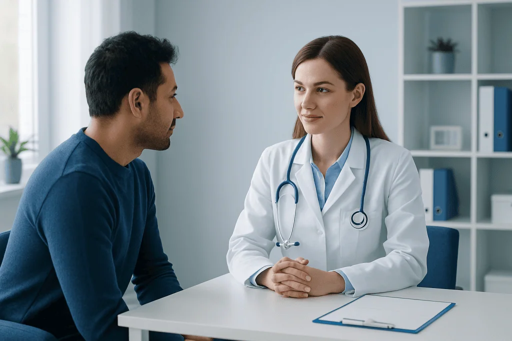 Doctor consulting with a patient in a modern medical office.