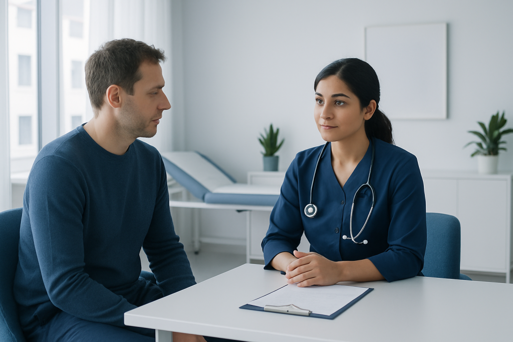 Doctor consulting with a patient in a modern hospital room.