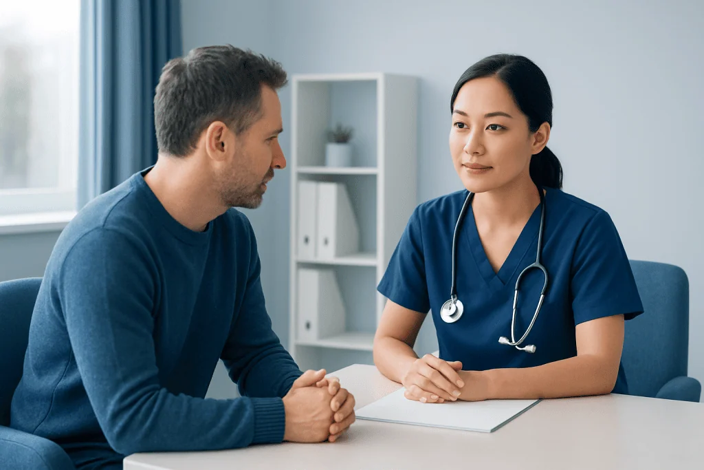 Doctor consulting with a patient in a medical office setting.