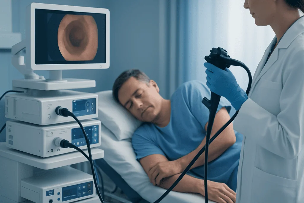 Endoscopy procedure being performed on a patient in a hospital setting.