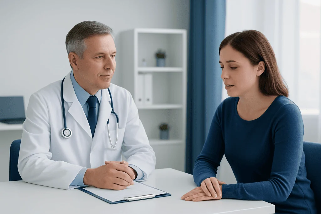 Doctor consulting with a young female patient in a medical office.