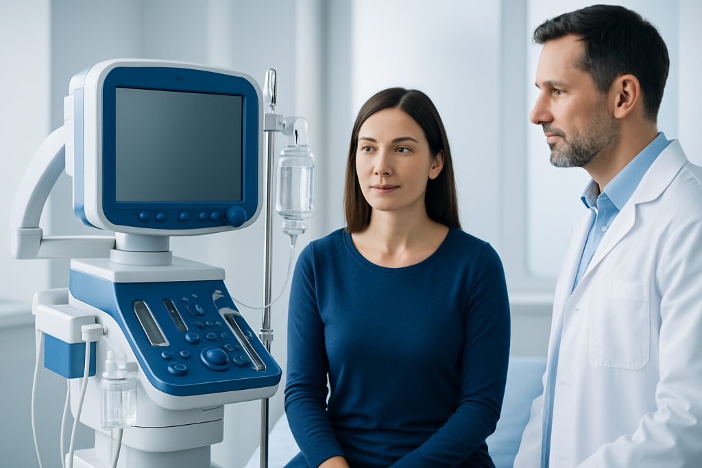 Medical consultation with ultrasound machine at Acibadem Hospitals Group.