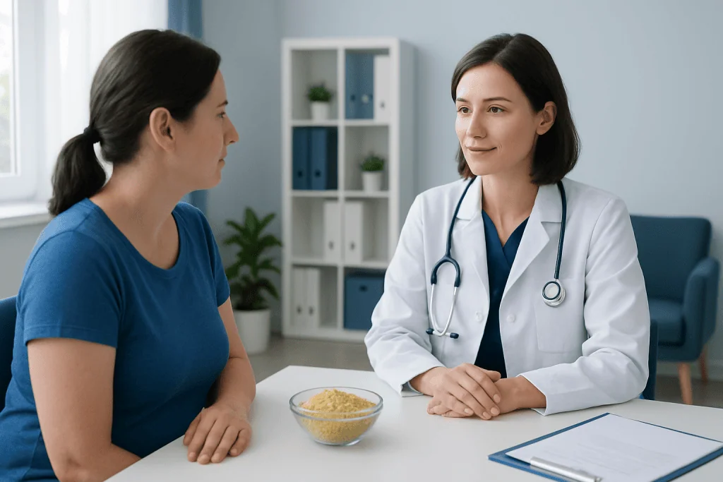 Doctor consulting with patient about quinoa and nutrition in a clinic setting.