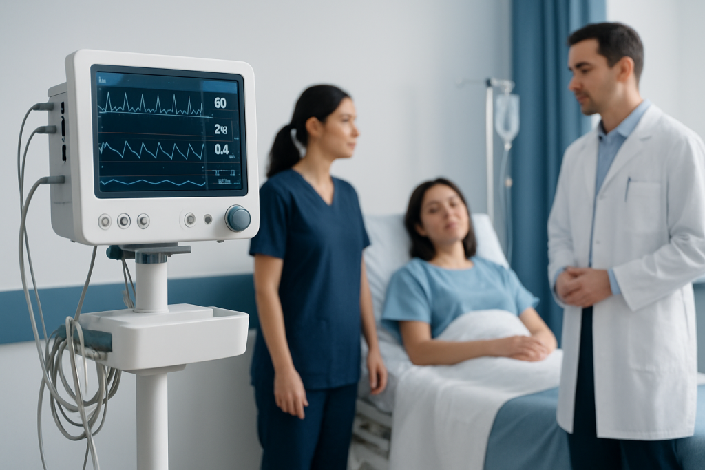 Medical team monitoring patient in hospital room with vital signs display.