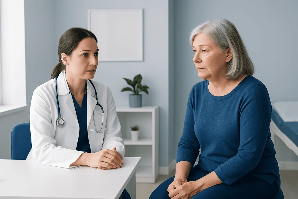 Doctor consulting with an elderly woman about rheumatoid arthritis symptoms.