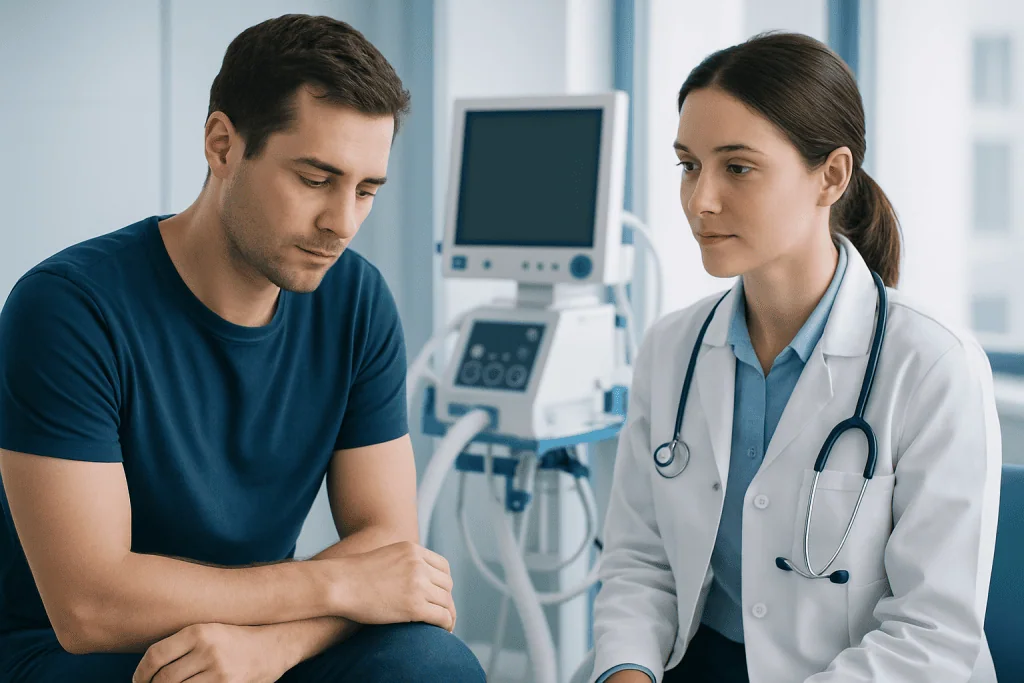 Doctor consulting with a patient in a hospital setting.