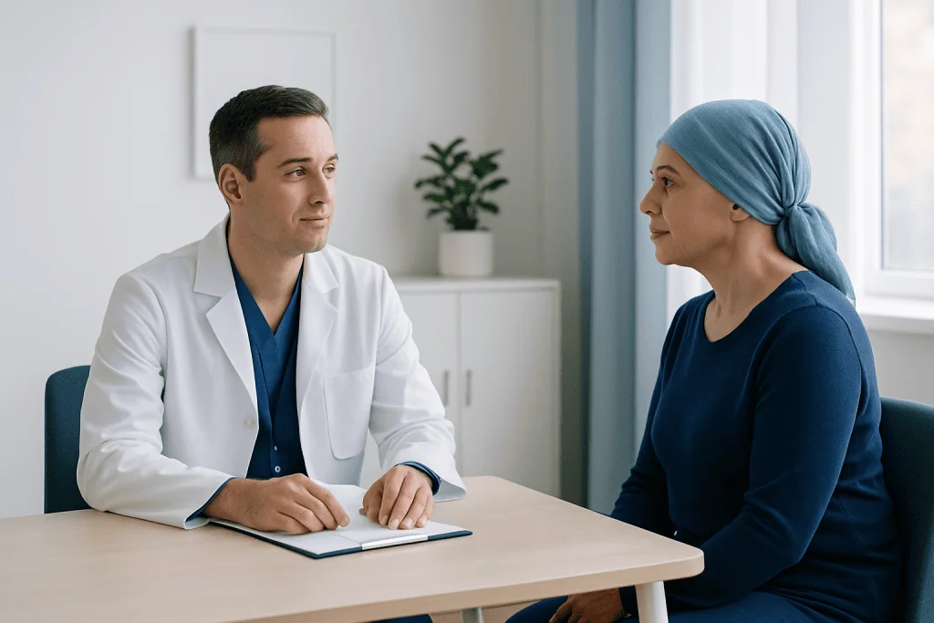 Doctor consulting with a female patient in a medical office.