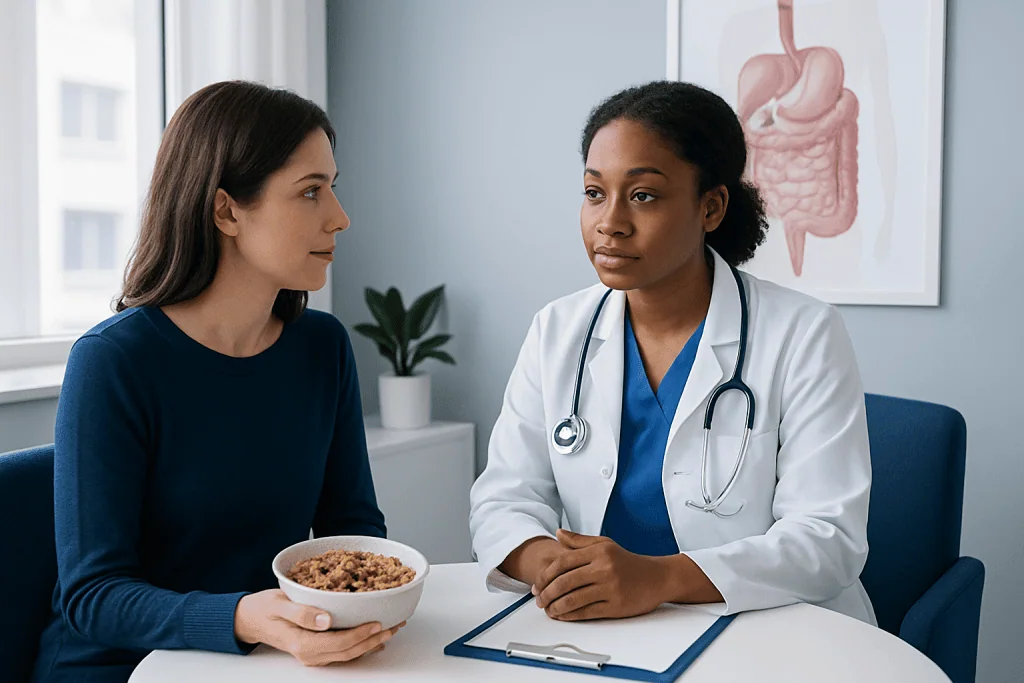 Doctor consulting with a patient about digestive health in a medical office.