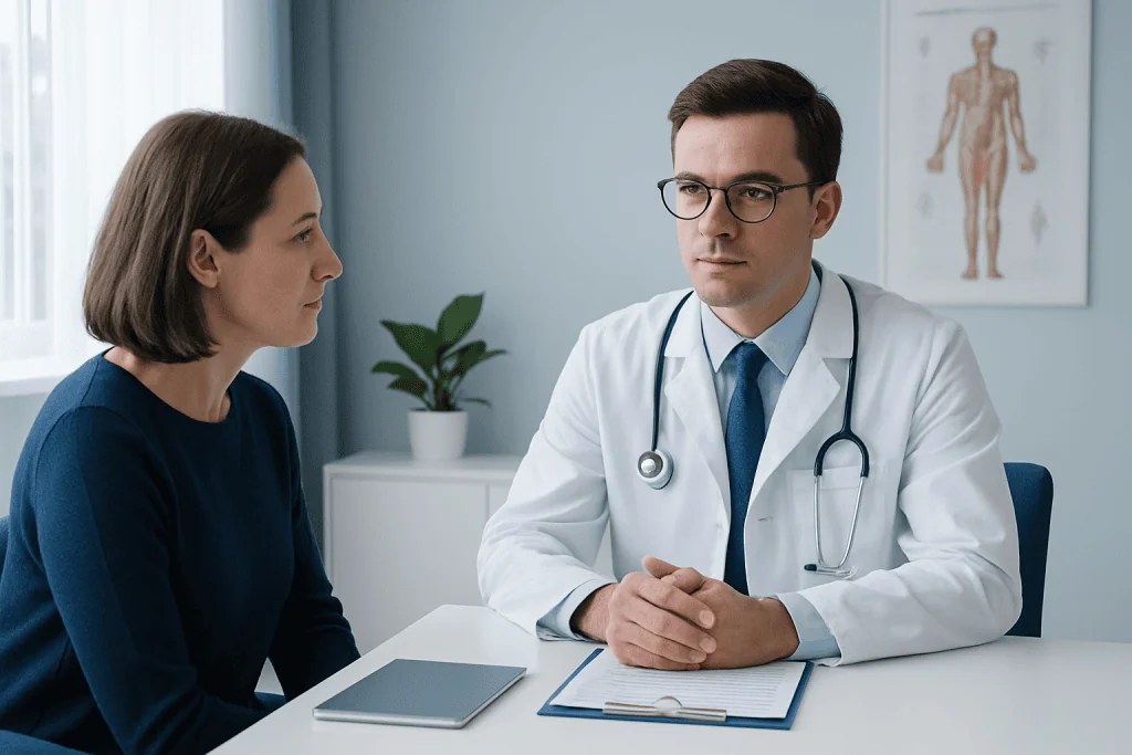 Doctor consulting with a female patient in a modern medical office.