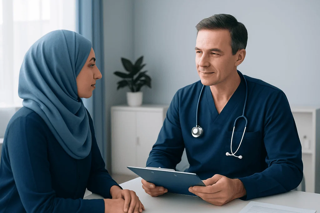 Doctor consulting with a patient about medical test results in a clinic.