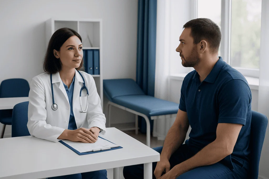 Doctor consulting with male patient in a medical office.