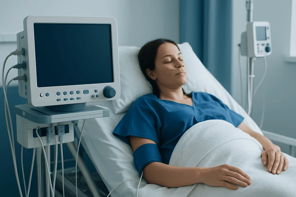 Patient resting in hospital bed after cesarean surgery with medical monitors nearby.