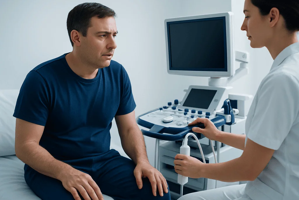 Doctor performing an ultrasound examination on a male patient.