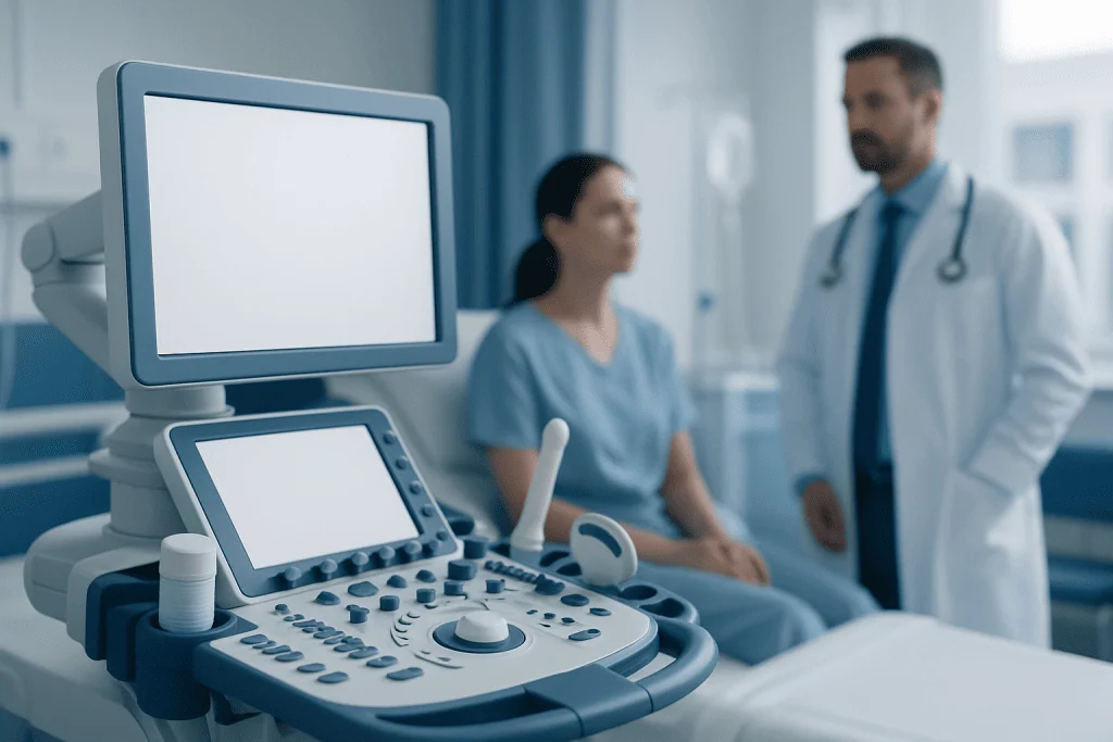 Medical ultrasound machine in a hospital room with a patient and doctor.