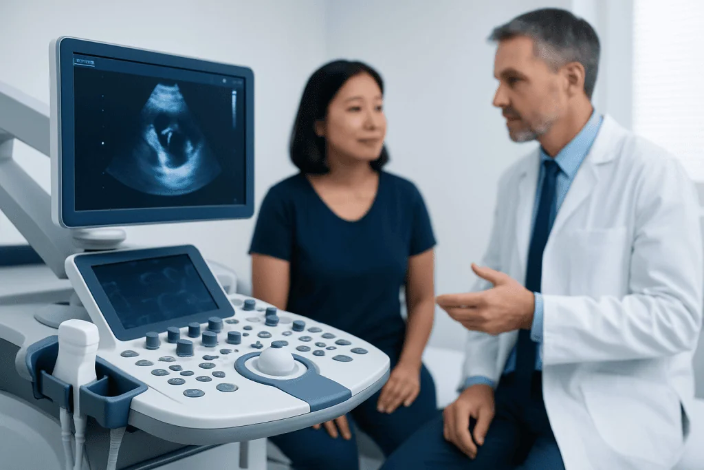 Doctor explaining ultrasound results to a patient in a medical consultation room.
