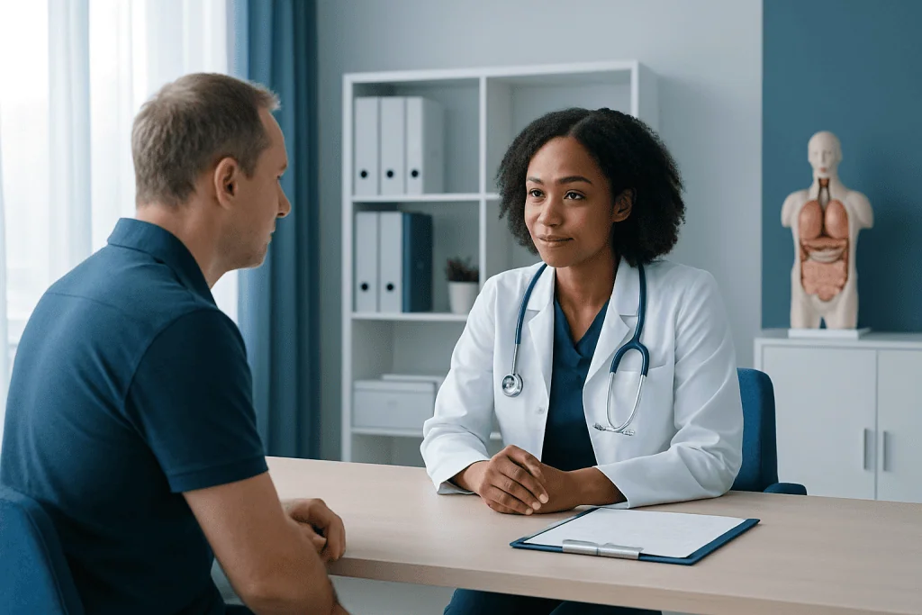 Doctor consulting with a patient in a modern medical office.