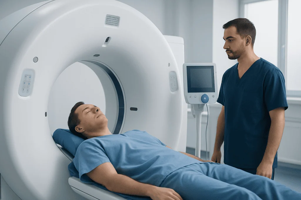 Patient undergoing MRI scan at Acibadem Hospital.