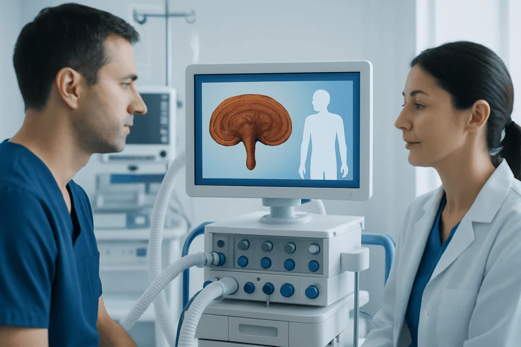 Medical professionals examining brain scan on monitor in hospital.