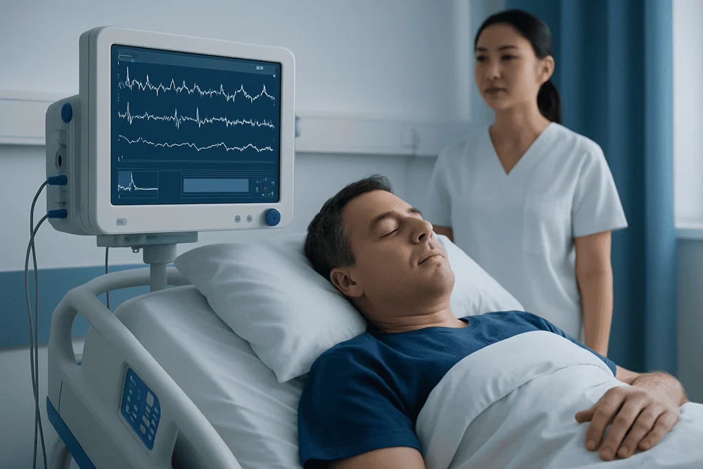 Patient undergoing sleep study monitoring in hospital bed with EEG equipment.