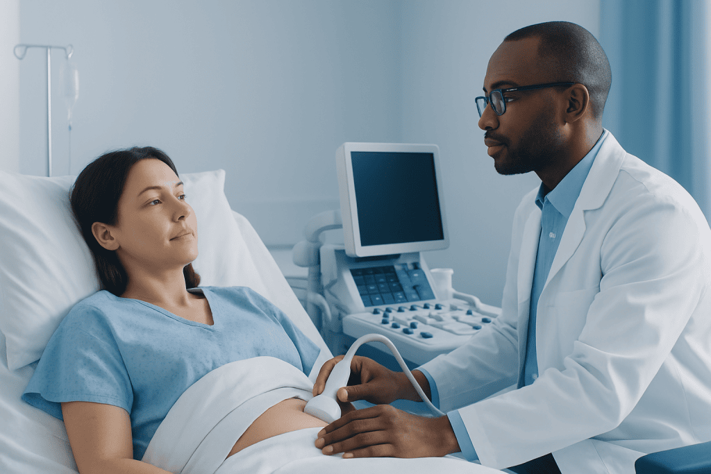 Doctor examining a patient in a hospital room with medical equipment nearby.
