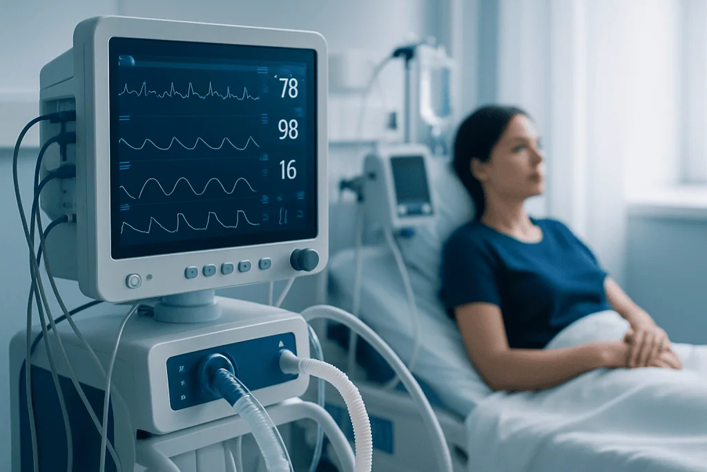 Patient in hospital bed with vital signs monitor in a medical setting.