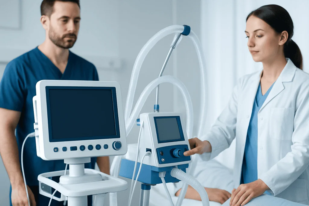 Medical professionals using ventilator equipment in a hospital setting.