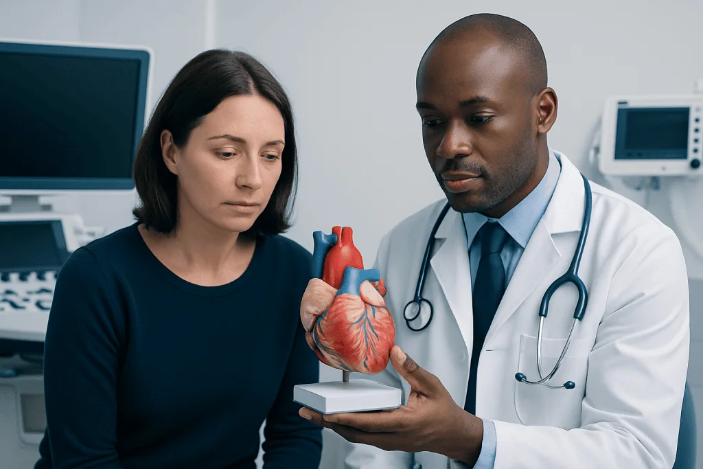 Doctor explaining heart model to patient in medical consultation room.