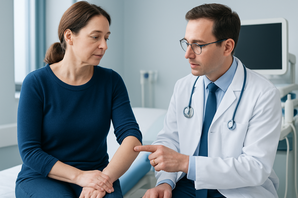 Doctor explaining rheumatoid nodules to a patient in a hospital room.