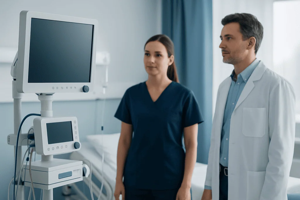 Medical professionals reviewing patient data in a hospital room.