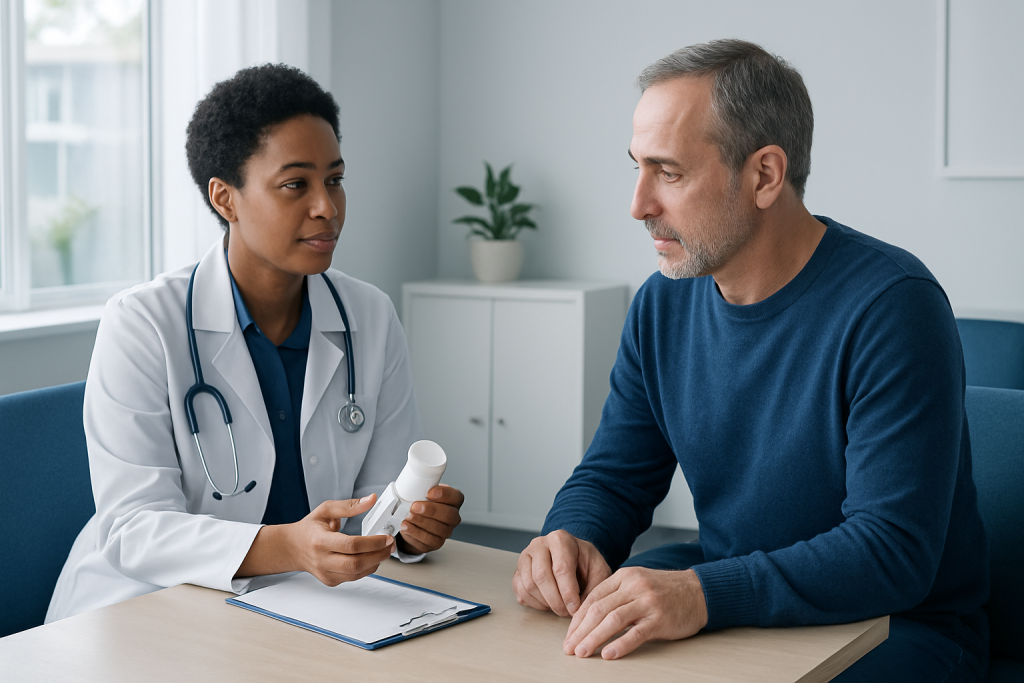 Doctor explaining medication to a patient in a clinical setting.