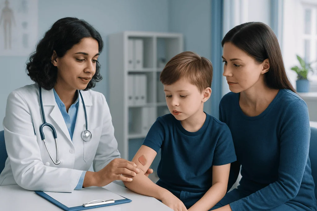 Doctor examining child's arm for skin rash or infection.