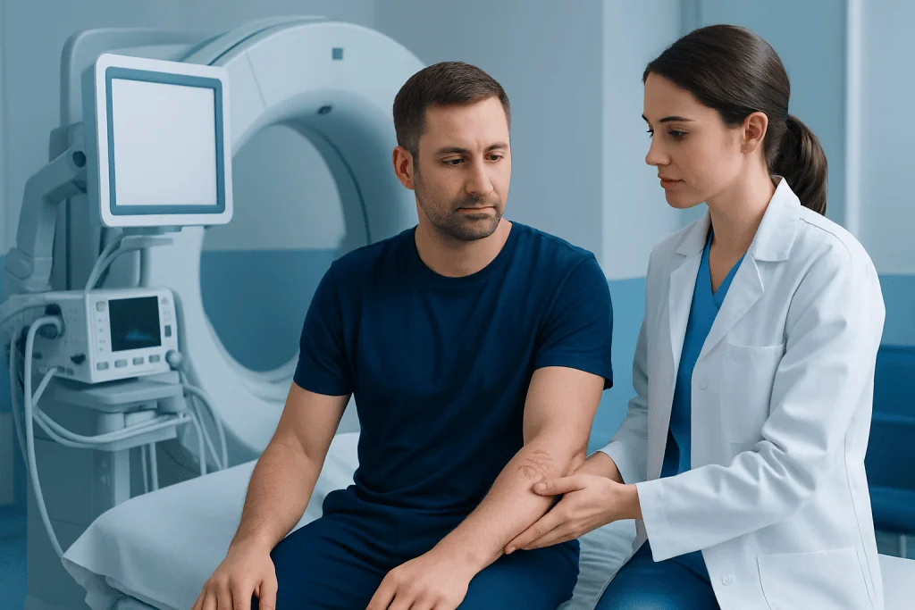 Doctor examining patient's arm in a hospital setting.