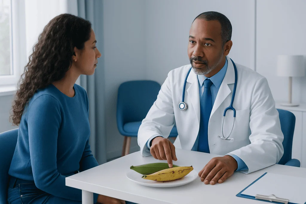 Doctor consulting with a patient about health at a clinic.