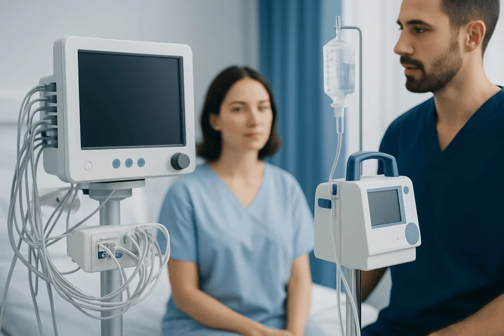 Medical professionals monitoring patient with IV and medical equipment in hospital.