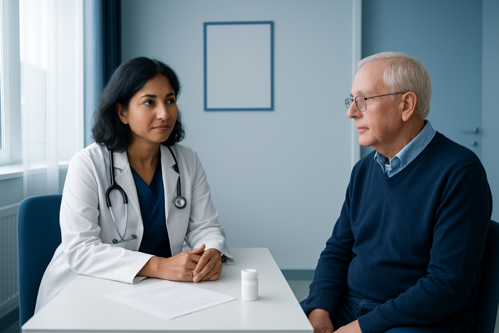 Doctor consulting with elderly patient in a medical office.