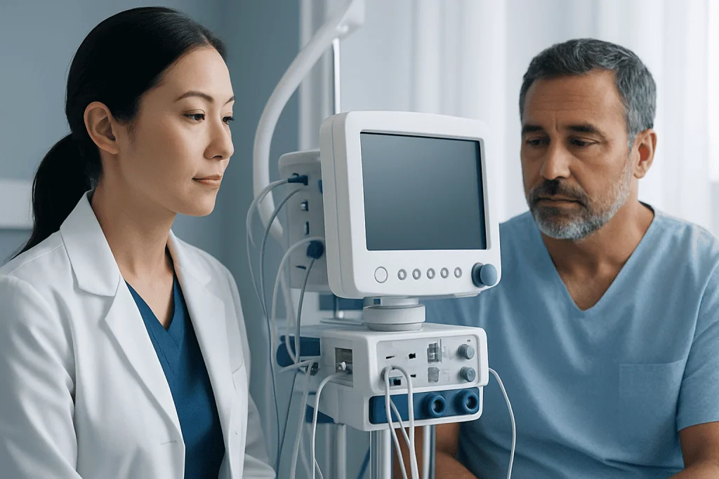 Doctor and patient in a hospital room with medical monitor equipment.