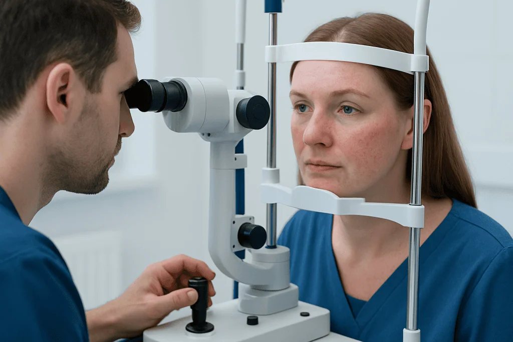 Ophthalmologist examining a woman's eyes with a slit lamp at a hospital.