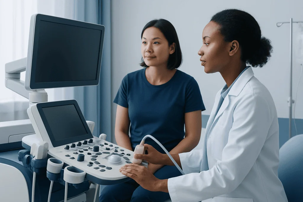 Medical professional performing an ultrasound scan on a patient in a clinical setting.