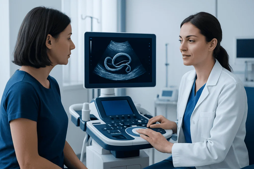 Medical consultation with ultrasound imaging of a parasitic worm.
