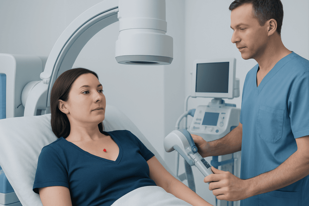 Doctor examining a patient with ultrasound in a hospital room.
