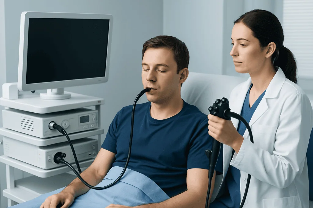 Patient undergoing a medical examination with a stethoscope in a hospital setting.