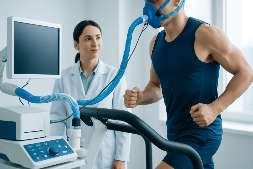 Person running on a treadmill with medical monitoring equipment in a clinical setting.