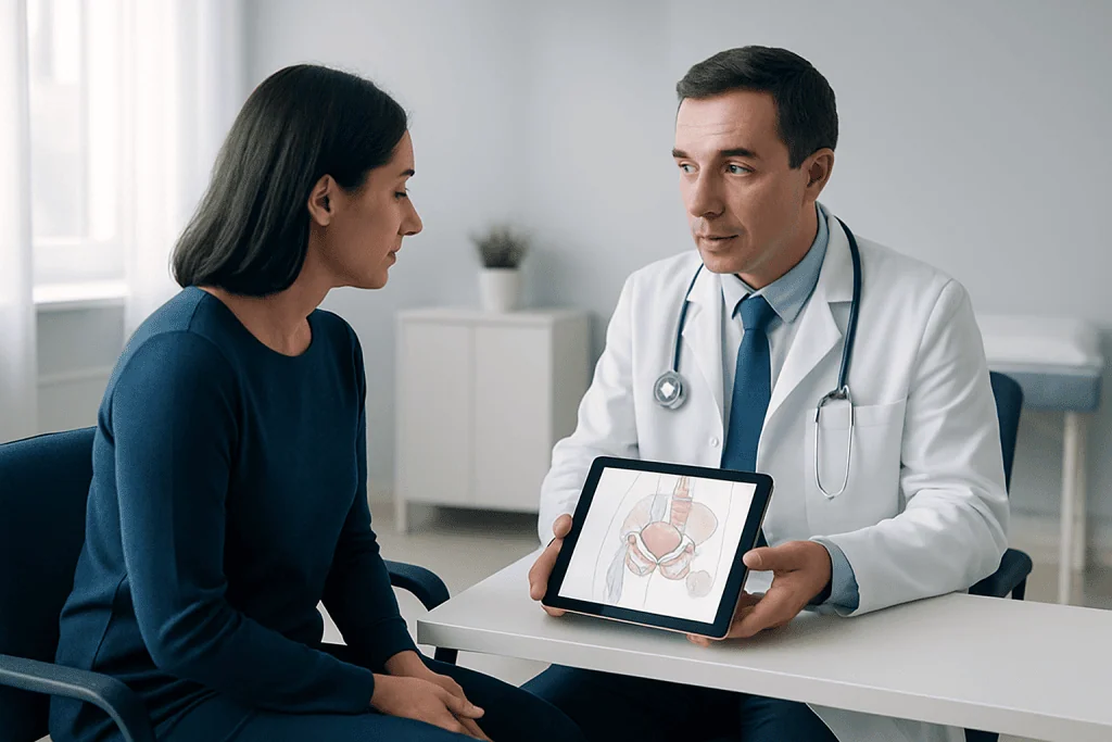 Doctor explaining sacral neuromodulation to patient with tablet showing anatomy.