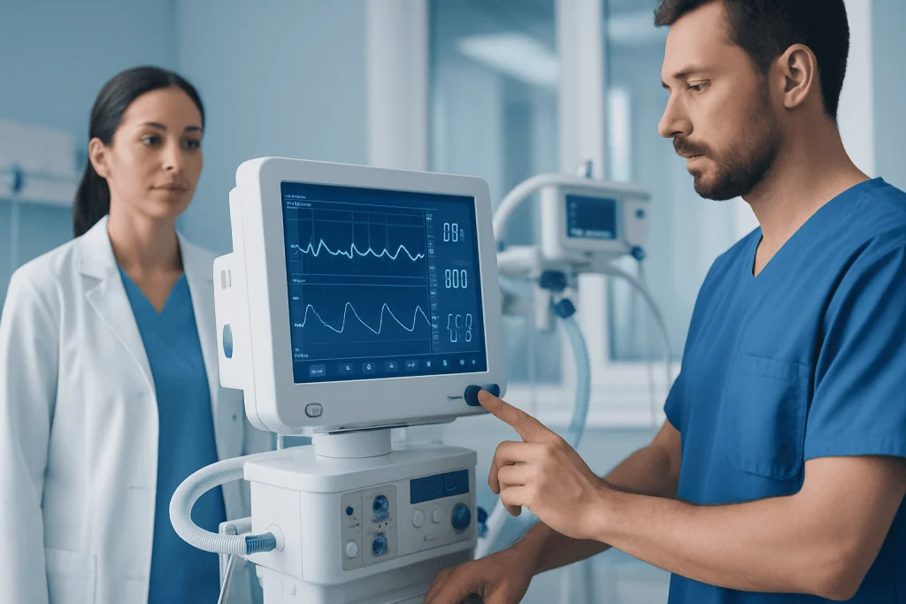 Medical professionals monitor patient vital signs on a hospital monitor.