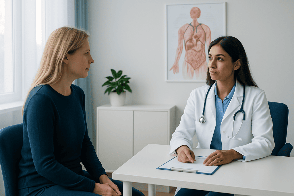 Doctor consulting with a patient in a medical office with anatomy diagram in background.