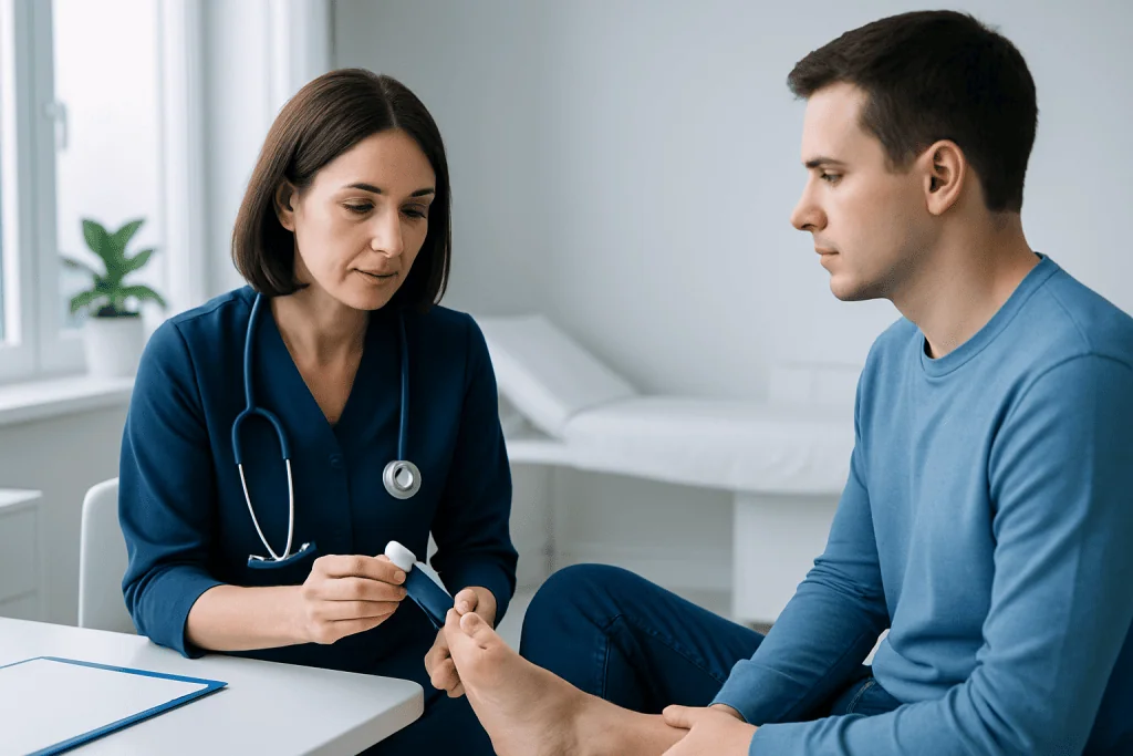 Doctor examining patient's foot in a clinical setting.