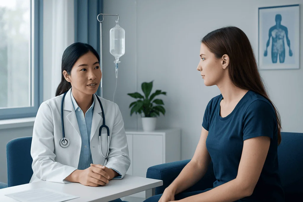 Doctor consulting a patient about saline solution treatment in a hospital room.