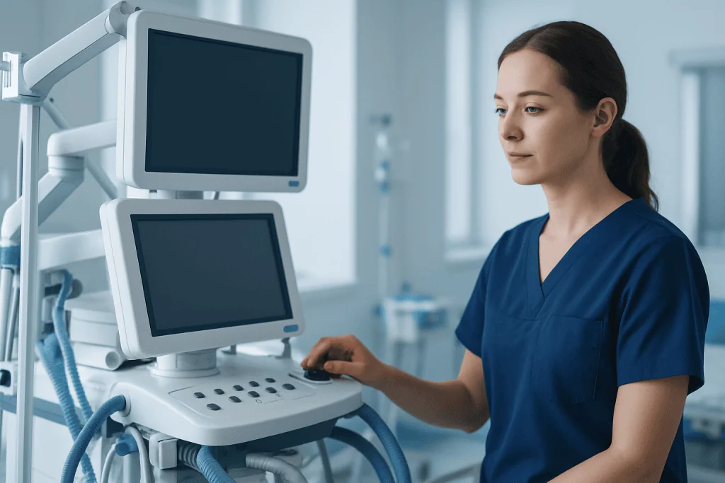 Healthcare professional operating ultrasound equipment in a hospital setting.