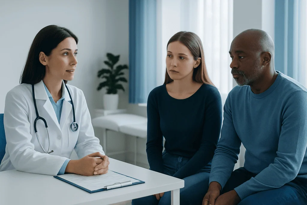 Doctor consulting with a patient and companion in a medical office.
